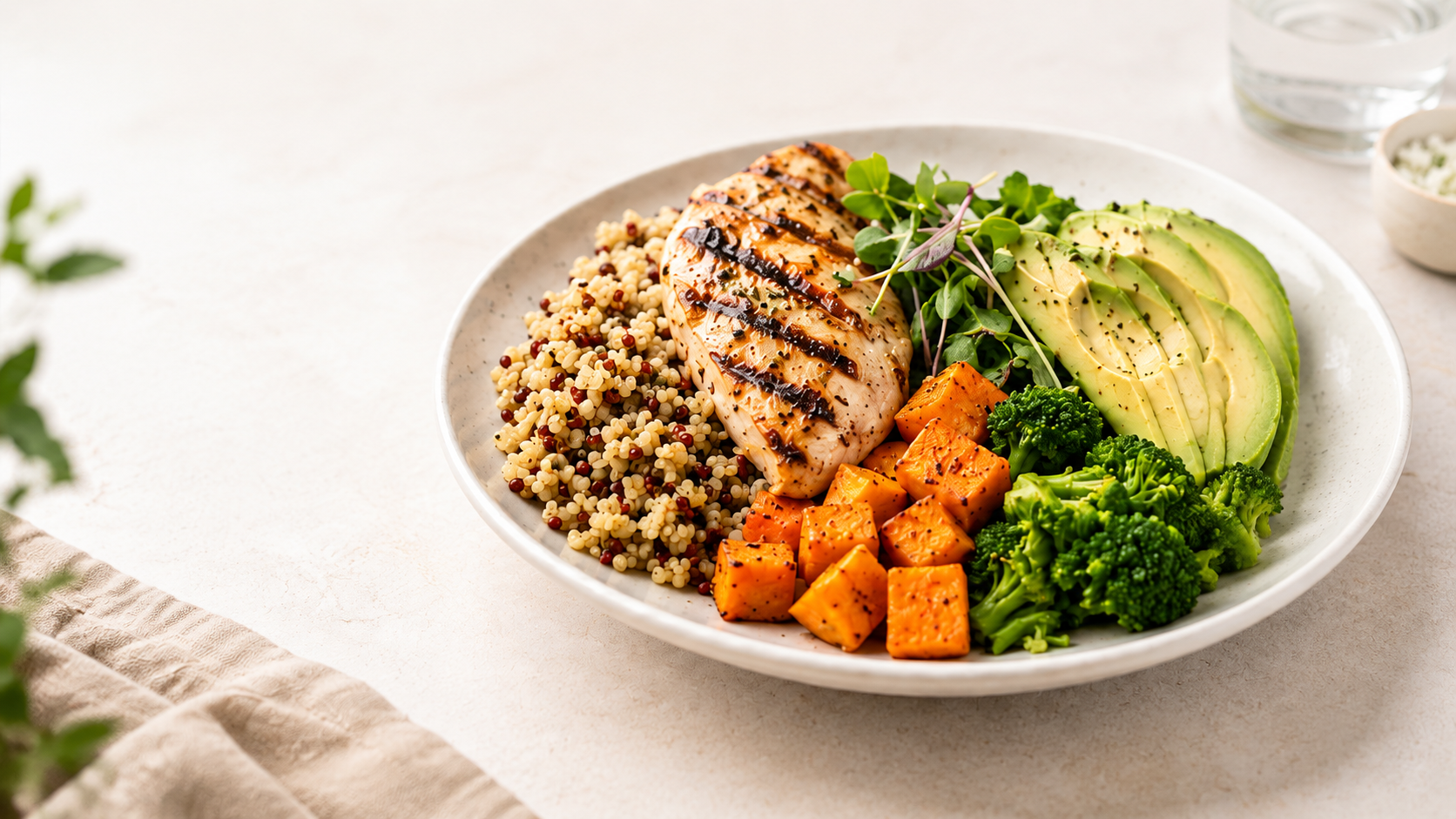 Grilled chicken with quinoa, avocado, sweet potato and broccoli